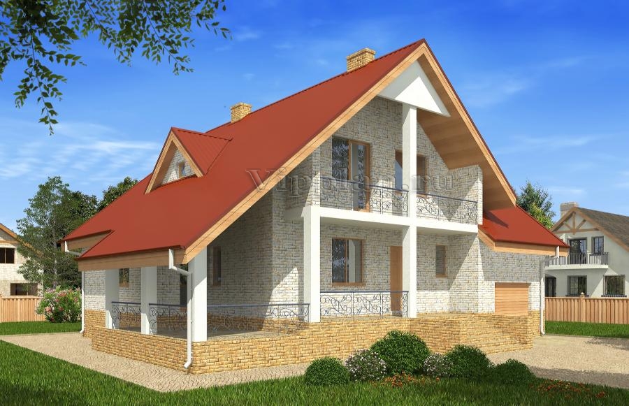 Одноэтажный дом с мансардой, гаражом, террасой и балконом