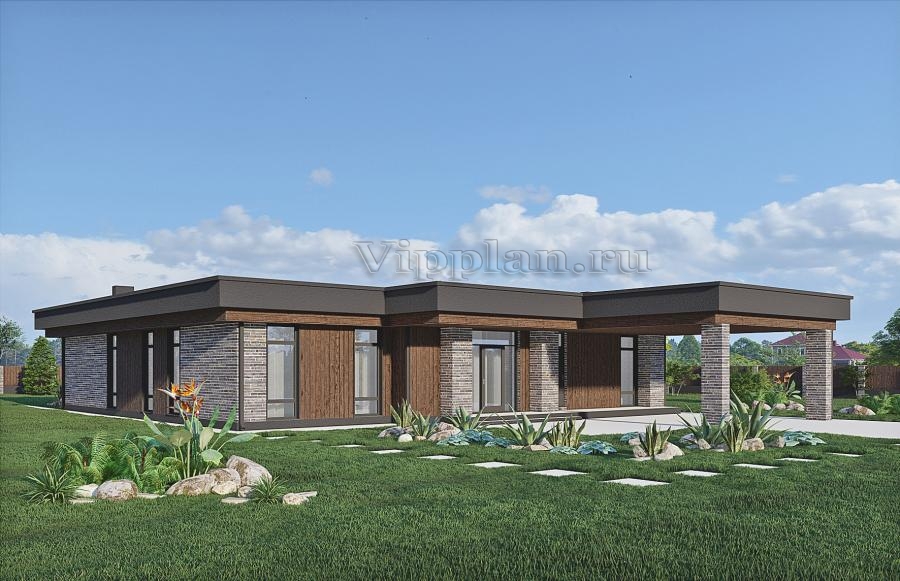 Одноэтажный дом с плоской кровлей, навесом для автомобилей и террасой